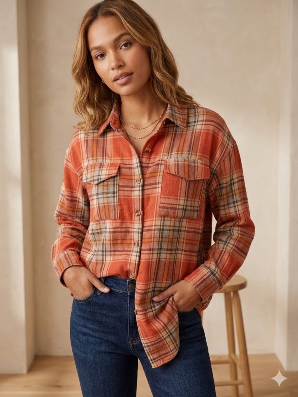 Orange Plaid Button-Down Shirt